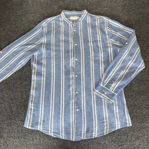 Onia Shirt Men Large Linen Blue Striped Long Sleeve Band Collar Casual Beachwear